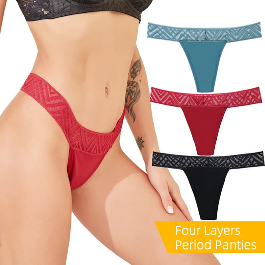 Women's Period Panties Sexy Thong Low Waist Underwear G-string Solid Silk Panties T-back Brief Breathable Lingerie Female Pantie